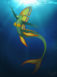 Size: 1043x1400 | Tagged: safe, artist:sunny way, fish, horse, mermaid, merpony, anthro, comic, cute, deep, female, mare, ocean, pinup, smiling, solo, underwater, water