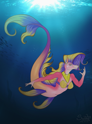 Size: 1043x1400 | Tagged: safe, artist:sunny way, fish, horse, mermaid, merpony, anthro, comic, cute, deep, female, mare, ocean, pinup, smiling, solo, underwater, water