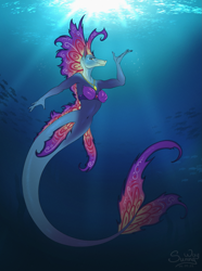 Size: 1043x1400 | Tagged: safe, artist:sunny way, fish, horse, mermaid, merpony, anthro, comic, cute, deep, female, mare, ocean, pinup, smiling, solo, underwater, water