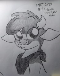 Size: 1829x2331 | Tagged: safe, artist:iceflower99, arizona (tfh), cow, them's fightin' herds, bust, community related, inktober, inktober 2022, monochrome, solo, traditional art