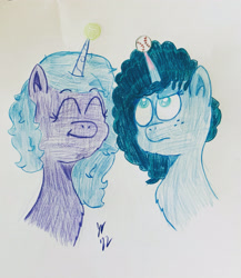 Size: 3024x3480 | Tagged: safe, artist:jesslmc16, izzy moonbow, misty brightdawn, pony, unicorn, g5, my little pony: make your mark, ball, baseball, bust, chest fluff, colored, colored pencil drawing, colored pupils, duo, high res, horn, izzy's tennis ball, portrait, sports, tennis ball, traditional art