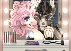 Size: 3500x2500 | Tagged: safe, artist:medkit, oc, oc only, pony, unicorn, bench, brush, cosmetics, duo, duo male, ear piercing, eyeshadow, fangs, glasses, heart, heart eyes, high res, lipstick, love, makeup, male, mirror, night, night sky, nose piercing, paint tool sai 2, piercing, sketch, sky, starry night, window
