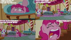 Size: 4400x2475 | Tagged: safe, edit, edited screencap, editor:quoterific, screencap, gummy, pinkie pie, alligator, earth pony, pony, g4, party pooped, season 5, balloon, candy, eyes closed, faic, female, food, frown, gritted teeth, implied fluttershy, lament, lollipop, male, mare, open mouth, teeth
