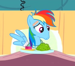 Size: 683x610 | Tagged: safe, screencap, rainbow dash, pegasus, pony, read it and weep, bandage, bed, faic, female, food, great moments in animation, indoors, injured, mare, open mouth, pillow, rainbow dash is best facemaker, sitting, solo