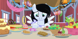 Size: 1280x652 | Tagged: safe, artist:cindystarlight, oc, oc:lucy ghost, pegasus, pony, apple, banana, base used, cake, carrot, cookie, female, food, fritter, grapes, jello, lemon, mare, orange, pear, salad, sandwich, solo, strawberry