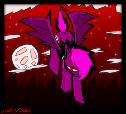 Size: 2066x1878 | Tagged: safe, artist:xxv4mp_g4z3rxx, oc, oc only, oc:violet valium, bat pony, pony, bat pony oc, cloud, female, mare, moon, red eyes, signature, spread wings, stars, tree, two toned mane, wings