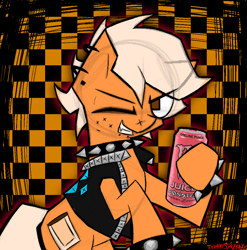 Size: 1916x1936 | Tagged: safe, artist:xxv4mp_g4z3rxx, oc, oc only, oc:kit, earth pony, pony, undead, vampire, vampony, checkered background, collar, commission, earth pony oc, fangs, monster energy, signature, solo, spiked collar, spiked wristband, wristband