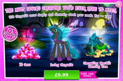 Size: 1961x1295 | Tagged: safe, gameloft, idw, queen chrysalis, changeling, changeling queen, g4, advertisement, bush, costs real money, crown, english, female, glasses, horn, insect wings, introduction card, jewelry, mirror universe, mushroom, numbers, regalia, reversalis, sale, solo, text, tree, wings