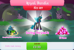 Size: 1265x857 | Tagged: safe, gameloft, idw, queen chrysalis, changeling, changeling queen, g4, bundle, bush, costs real money, crown, english, female, glasses, horn, insect wings, jewelry, mirror universe, moss, numbers, regalia, reversalis, royal bundle, sale, solo, text, tree, wings