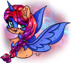 Size: 2500x2191 | Tagged: safe, artist:stesha, nightmare moon, sunny starscout, earth pony, pony, mlp fim's twelfth anniversary, g5, braid, bust, chest fluff, clothes, cosplay, costume, cute, eye clipping through hair, eyebrows, eyebrows visible through hair, fake horn, fake wings, fangs, female, green eyes, heart, heart eyes, high res, looking at you, mare, multicolored mane, nightmare moon armor, nightmare night costume, nightmare sunny, open mouth, solo, space background, spread wings, wingding eyes, wings