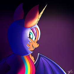 Size: 2400x2400 | Tagged: safe, artist:tyleks, nightmare moon, sunny starscout, earth pony, pony, g5, my little pony: tell your tale, nightmare night party, spoiler:g5, spoiler:my little pony: tell your tale, spoiler:tyts01e30, armor, chest fluff, clothes, cosplay, costume, cute, fake horn, fake wings, female, grin, high res, looking at you, looking back, looking back at you, mane stripe sunny, mare, nightmare night costume, nightmare sunny, rear view, simple background, smiling, smiling at you, solo, sunnybetes