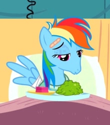 Size: 534x606 | Tagged: safe, screencap, rainbow dash, pegasus, pony, read it and weep, bandage, bed, faic, female, food, indoors, injured, looking down, mare, mid-blink screencap, open mouth, plate, sitting, solo