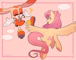 Size: 1400x1100 | Tagged: safe, artist:embrim1, fluttershy, pegasus, rabbit, anthro, g4, animal, clothes, cravat, cream the rabbit, crossover, cute, dress, flying, gloves, happy, shoes, shyabetes, sonic the hedgehog (series), speech bubble, talking
