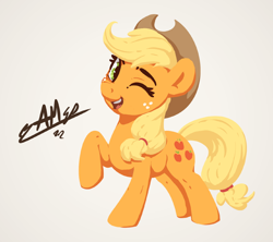 Size: 900x800 | Tagged: safe, artist:assasinmonkey, applejack, earth pony, pony, mlp fim's twelfth anniversary, g4, cowboy hat, cute, female, freckles, happy, hat, jackabetes, lineless, looking at you, mare, one eye closed, open mouth, open smile, raised hoof, signature, smiling, stetson, wink, winking at you