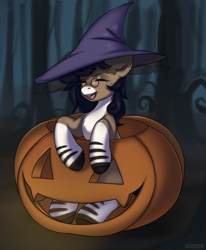 Size: 2062x2500 | Tagged: safe, artist:ggashhhhissh, oc, oc only, earth pony, pony, commission, cute, female, halloween, happy, hat, high res, holiday, pumpkin, smiling, solo, witch hat, ych result