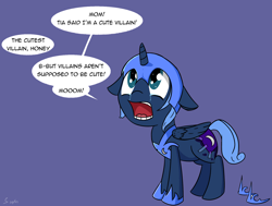 Size: 1944x1469 | Tagged: safe, artist:soccy, nightmare moon, princess luna, alicorn, pony, mlp fim's twelfth anniversary, g4, adorable distress, crying, cute, dialogue, distressed, fake cutie mark, female, filly, filly luna, floppy ears, implied princess celestia, looking at someone, moonabetes, nightmare moon armor, nightmare woon, offscreen character, simple background, solo, solo focus, speech bubble, teeth, woona, younger