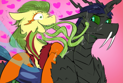 Size: 1663x1123 | Tagged: safe, artist:testostepone, oc, oc only, oc:non toxic, oc:t'zzet, changeling, monster pony, original species, tatzlpony, colored sketch, duo, fangs, mlem, rule 63, silly, simple background, tongue out