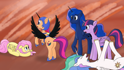 Size: 3840x2160 | Tagged: safe, artist:laykeen, fluttershy, nightmare moon, princess celestia, princess luna, sunny starscout, twilight sparkle, alicorn, earth pony, pegasus, pony, mlp fim's twelfth anniversary, g5, my little pony: tell your tale, nightmare night party, spoiler:g5, spoiler:my little pony: tell your tale, spoiler:tyts01e30, 4k, :t, butt, celestia is amused, clothes, cosplay, costume, eyebrows, eyebrows visible through hair, eyes closed, female, folded wings, frown, group, high res, laughing, luna is not amused, lying down, mane stripe sunny, mare, nightmare night, nightmare sunny, on back, open mouth, open smile, plot, prone, quintet, raised hoof, rearing, royal sisters, scared, siblings, simple background, sisters, smiling, twilight sparkle (alicorn), unamused, wings