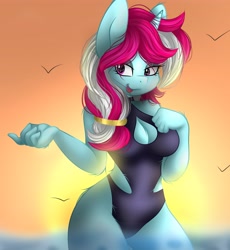Size: 3775x4096 | Tagged: safe, artist:gelians, artist:pegasisterartmlp, oc, oc only, unicorn, anthro, anthro oc, boob window, breasts, cleavage, clothes, horn, ocean, solo, swimsuit, unicorn oc, water