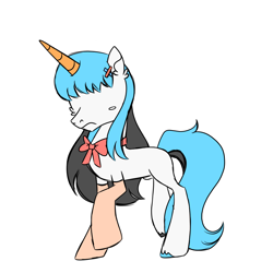 Size: 900x900 | Tagged: safe, artist:fuckomcfuck, oc, oc only, oc:eye spy, pony, unicorn, bow, clothes, hairclip, no eyes, nonbinary, simple background, slender, socks, solo, thin, white background