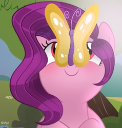 Size: 3904x4096 | Tagged: safe, artist:gelians, artist:pegasisterartmlp, pipp petals, butterfly, pegasus, pony, g5, adorapipp, blushing, butterfly on nose, cute, female, insect on nose, red eyes, red-eyed pipp, smiling, solo, wrong eye color