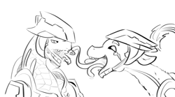 Size: 1521x846 | Tagged: safe, artist:testostepone, oc, oc:non toxic, alien, monster pony, original species, sangheili, tatzlpony, black and white, boop, crossover, duo, grayscale, halo (series), mlem, monochrome, silly, sketch, tongue out