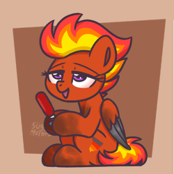 Size: 1200x1200 | Tagged: safe, artist:sugar morning, oc, oc only, oc:tinderbox, pegasus, pony, fallout equestria, animated, apoc, apoc touc, ash, bloodshot eyes, chems, commission, cute, dash, dirty, drugs, eyelashes, female, fiery mane, gif, gray feathers, grey feathers, jet, magenta eyes, mare, mohawk, open mouth, orange coat, orange fur, orange mane, pegasus oc, red mane, silly, simple background, soot, sootsies, wings, yellow mane