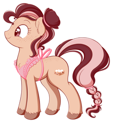 Size: 1798x1961 | Tagged: safe, artist:wownamesarehard, derpibooru exclusive, oc, oc only, oc:sunshine cinnamon, earth pony, pony, apron, braid, braided tail, clothes, earth pony oc, female, freckles, frilly, hair bun, mare, multicolored hair, simple background, solo, tail, unshorn fetlocks, white background