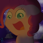 Size: 2000x2000 | Tagged: safe, artist:reinbou, pinkie pie, earth pony, pony, g4, everfree forest, high res, light, open mouth, scared, solo, stars, volumetric mouth