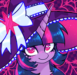 Size: 1106x1080 | Tagged: safe, artist:sxlipsis, twilight sparkle, pony, g4, bow, bust, clothes, costume, halloween, halloween costume, hat, heart, heart eyes, holiday, solo, wingding eyes, witch hat
