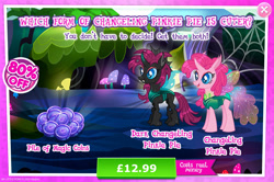 Size: 1956x1300 | Tagged: safe, gameloft, pinkie pie, changedling, changeling, g4, advertisement, changelingified, costs real money, english, female, horn, insect wings, magic coins, mushroom, numbers, pinkling, sale, species swap, text, wings