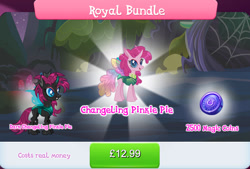 Size: 1266x858 | Tagged: safe, gameloft, pinkie pie, changedling, changeling, g4, bundle, changelingified, costs real money, english, female, horn, insect wings, magic coins, mushroom, numbers, pinkling, royal bundle, sale, species swap, text, wings