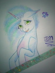 Size: 2448x3264 | Tagged: safe, artist:digitaldrawingmachine, misty brightdawn, pony, unicorn, g5, my little pony: make your mark, afro, ears back, fanart, green eyes, high res, open mouth, open smile, photo, smiling, solo, traditional art