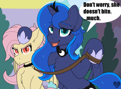 Size: 2153x1584 | Tagged: safe, artist:gnashie, fluttershy, princess luna, alicorn, bat pony, pony, g4, angry, bat ponified, canterlot, cloud, collar, colored, crown, dialogue, duo, flat colors, flutterbat, glare, horn, jewelry, leash, looking at you, open mouth, petting, pony pet, race swap, regalia, smug, speech bubble, tree, wings