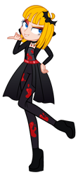 Size: 1280x2888 | Tagged: safe, artist:sugarsong14, oc, oc only, oc:tippy toes, bat, human, undead, vampire, belt, blood, boots, choker, clothes, commission, costume, eyeshadow, fangs, female, grin, halloween, halloween costume, holiday, humanized, humanized oc, makeup, shirt, shoes, simple background, skirt, smiling, solo, stockings, suit, thigh highs, transparent background