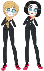 Size: 1280x2080 | Tagged: safe, artist:sugarsong14, oc, oc only, oc:cornflower meadow, human, alternate hairstyle, billy the puppet, bowtie, clothes, commission, costume, crossover, eyeshadow, face paint, female, flats, halloween, halloween costume, holiday, humanized, humanized oc, lipstick, makeup, pants, puppet, saw (movie), shirt, shoes, simple background, socks, solo, suit, transparent background