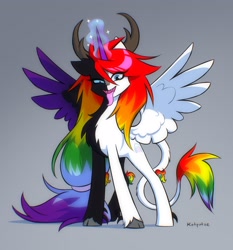 Size: 2480x2656 | Tagged: safe, artist:katputze, oc, oc only, alicorn, classical unicorn, pony, unicorn, alicorn oc, antlers, chest fluff, cloven hooves, fangs, gradient background, high res, horn, leonine tail, long tongue, looking at you, male, signature, solo, spread wings, stallion, tongue out, unshorn fetlocks, wings