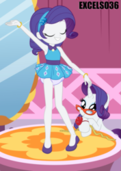 Size: 661x935 | Tagged: safe, artist:excelso36, part of a set, rarity, human, pony, unicorn, equestria girls, g4, armpits, arms in the air, carousel boutique, clothes, commission, cute, diaper, diaper fetish, dress, eyes closed, fetish, glasses, grin, hands in the air, human ponidox, legs, modeling, non-baby in diaper, pincushion, platform, raribetes, rarity peplum dress, rarity's glasses, self paradox, self ponidox, shoes, skirt, sleeveless, sleeveless dress, smiling, younger