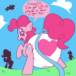 Size: 2500x2500 | Tagged: safe, artist:duckchip, derpy hooves, fluttershy, pinkie pie, twilight sparkle, alicorn, earth pony, pony, g4, art trade, blue eyes, butt, diaper, diaper butt, diaper fetish, fetish, heart, heart eyes, high res, leash, looking at you, looking back, looking back at you, non-baby in diaper, open mouth, open smile, plot, poofy diaper, rear, shiny eyes, simple background, smiling, sparkly eyes, speech bubble, starry eyes, twilight sparkle (alicorn), wingding eyes