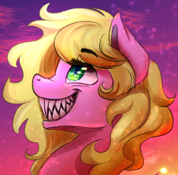 Size: 2014x1980 | Tagged: safe, artist:scarlett-letter, oc, oc only, oc:twisted ankle, earth pony, pony, adoracreepy, bust, creepy, cute, looking up, nightmare fuel, nose wrinkle, portrait, profile, sharp teeth, sketch, solo, teeth, toothy grin