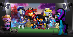 Size: 1557x800 | Tagged: safe, artist:jhayarr23, sunset shimmer, oc, bat pony, pegasus, pony, unicorn, g4, baron bunny (genshin impact), bipedal, camera, clothes, cosplay, costume, genshin impact, hu tao (genshin impact), kuki shinobu (genshin impact), qiqi (genshin impact), sucrose (genshin impact)