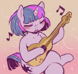 Size: 800x766 | Tagged: safe, artist:cold-blooded-twilight, edit, sound edit, twilight sparkle, pony, unicorn, cold blooded twilight, g4, animated, applejack's cutie mark, blushing, crossed legs, dexterous hooves, eyes closed, fangs, female, freeverse software, guitar, hoof hold, intentionally bad, jared: the butcher of song, luna de xelajú, mare, music, musical instrument, open mouth, solo, sound, spanish, unicorn twilight, webm