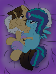 Size: 3400x4500 | Tagged: safe, artist:ejlightning007arts, misty brightdawn, oc, oc:ej, alicorn, pony, unicorn, g4, g5, my little pony: make your mark, spoiler:g5, base used, bed, canon x oc, coat markings, cuddling, cute, daaaaaaaaaaaw, duo, ejmisty, female, freckles, g5 to g4, generation leap, looking at each other, looking at someone, male, mare, mistybetes, pillow, shipping, smiling, snuggling, socks (coat markings), spooning, stallion