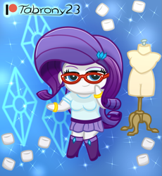 Size: 675x735 | Tagged: safe, artist:tabrony23, rarity, human, equestria girls, g4, beautiful, boots, chibi, clothes, cute, female, food, glasses, looking at you, marshmallow, rarity's glasses, shoes, skirt, smiling, smiling at you, solo