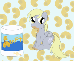 Size: 6048x5036 | Tagged: safe, artist:pinkiepie69, derpy hooves, pegasus, pony, g4, cheese, food, macaroni, macaroni and cheese, messy eating, pasta, solo