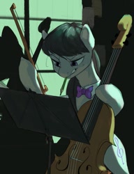 Size: 965x1254 | Tagged: safe, artist:egil, octavia melody, earth pony, pony, g4, bipedal, bow (instrument), cello, female, hoof hold, magnetic hooves, mare, mouth hold, musical instrument, pencil, sheet music, solo