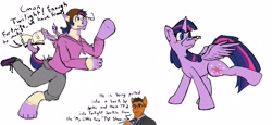 Size: 4096x1885 | Tagged: safe, artist:meinegarr, spike, twilight sparkle, alicorn, human, pony, g4, book, clothes, cool s, dialogue, glasses, human to pony, ponified, princess of friendship, ripping clothes, robert downey jr, simple background, tail, tail pull, transformation, transgender transformation, twilight sparkle (alicorn), white background