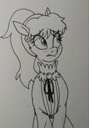 Size: 1427x2048 | Tagged: safe, artist:pony quarantine, oc, oc only, oc:bo, earth pony, pony, female, freckles, grayscale, looking around, mare, monochrome, nervous, solo, traditional art