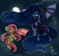 Size: 2000x1903 | Tagged: safe, artist:inkypuso, fluttershy, nightmare moon, alicorn, bat pony, pony, g4, bat ponified, bat wings, duo, female, flutterbat, flying, full moon, glowing, glowing eyes, grin, looking at each other, looking at someone, mare, moon, open mouth, open smile, race swap, signature, smiling, wings