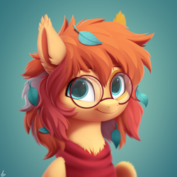 Size: 3000x3000 | Tagged: safe, artist:luminousdazzle, oc, oc:autumn breeze, pegasus, pony, bust, chest fluff, clothes, ear fluff, female, glasses, high res, leaves, looking at you, mare, pegasus oc, portrait, semi-realistic, simple background, smiling, smiling at you, solo, sweater